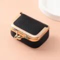 Mini black leather kiss-lock jewelry box, portable ring coin purse with gold hardware. - Black
