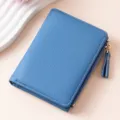 Blue litchi pattern women short wallet, compact zipper coin purse with card slots. - Blue