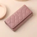 Pink quilted long wallet for women, elegant tri-fold PU leather clutch with large capacity. - Light Purple