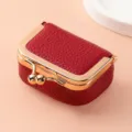 Mini red leather clasp jewelry box, cute coin purse with gold frame for rings and earrings. - Burgundy