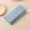 Light blue quilted long trifold wallet for women, elegant leather clutch and phone bag. - Light Blue