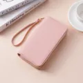 Pink double zipper women wallet with wrist strap, solid color PU leather clutch purse variant. - 0506 Pink