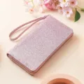 Portafoglio lungo glitterato rosa da donna, elegante pochette con zip e cinturino da polso. - YF30 Rosa
