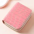 Portacarte in pelle rosa con motivo pietra da donna con doppia cerniera e scomparti multipli. - Rosa