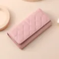 Pink quilted long wallet for women, elegant tri-fold leather clutch and phone bag. - Light Pink
