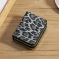 Black and white leopard print short double zipper wallet, compact coin purse and card holder. - Black