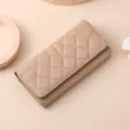 Elegant quilted long wallet for women, classic tri-fold PU leather clutch purse with large capacity. - Khaki