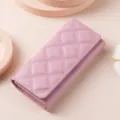 Pink quilted long wallet, elegant trifold leather purse for women, stylish large capacity clutch. - HS-33 Light Pink