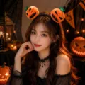 Cute Halloween headband featuring plush orange pumpkins worn by an Asian model in party setting - 2# Black Expression