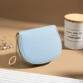Light blue leather shell coin purse card holder, cute minimalist mini zipper wallet with keychain. - Light Blue