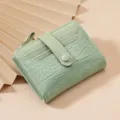Green short wallet, compact crocodile pattern folding purse with card slots and snap button. - Light Green