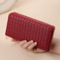 Portafoglio Lungo Intrecciato Rosso Donna Cerniera Porta Carte Borsa In Pelle Elegante - Borsa a trama intrecciata con zip singola - Rosso vino