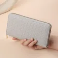 Women's long woven zip wallet with large capacity and multi-card slots in elegant grey. - Woven Pattern Single Zip Bag - Light Gray