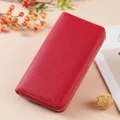 Red long zippered wallet for women, lychee texture soft leather purse with gold hardware. - D-013 Wine Red