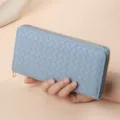 Light blue woven long women wallet with zip closure, stylish large capacity card holder purse. - Woven Pattern Single Zip Bag - Light Blue