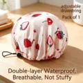 Waterproof double-layer shower cap with strawberry print and adjustable cord - Adjustable Double Layer / 1 Piece / Pink Strawberry