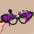 Halloween black cat glitter glasses decorated with purple bows and lace trims - Midnight Black Cat