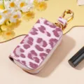 Etui cle de voiture en cuir imprime leopard rose avec fermeture eclair et crochet dore - 9123 Violet aubergine