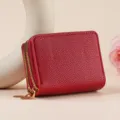 Rote Doppelte Reißverschluss Litschi Muster Leder Kurze Brieftasche Kartenhalter Etui. - Rot