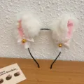 Cute plush white cat ears headband featuring pink lining with satin bows and golden bells - White Cat Ears with Bells / White