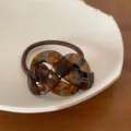 Elegant amber tortoiseshell acrylic hair tie featuring a handmade gold logo design - Hollow Knot Style (FRANCE Handmade) / Blue Coffee