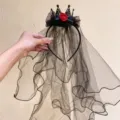 Gothic black mesh veil headband with mini crown and red rose for Halloween costume - Rose Crown Veil (4)