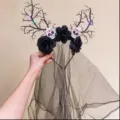 Gothic Halloween headband featuring black devil horns, dark roses, and a long mesh veil - Withered Tree Skull (21)