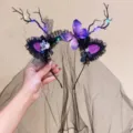 Gothic Halloween headband with black antlers veil and purple LED lights - Evil Butterfly (23)