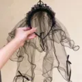 Elegant Gothic black mesh veil headband with crown detail for Halloween parties - Black Tiara Veil (3)