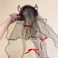 Gothic black mesh veil headband with devil horns and red rose accents for Halloween - Rose Devil Horn Veil (2) / Black Red