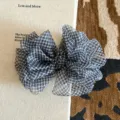 Elegant black and white gingham checkered banana hair clip with mesh bow design. - Gingham Mesh Gauze Bow Banana Clip / Black