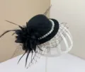 Vintage black fascinator hat with mesh veil, feathers and pearls for elegant parties - Vintage Mesh Fascinator Hat Clip / Black