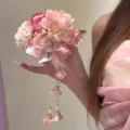 Close-up of elegant pink floral hair clip with pearl tassels and fairy style theme - 19# Pink Flower Hair Clip / Pink (GP600876)