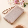 Glitter long wristlet wallet for women, sparkling pearl finish, multi-compartment zip pouch. - YF30 Red Light Gold