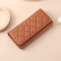 Brown quilted long wallet for women, classic tri-fold design, large capacity clutch bag. - Tan