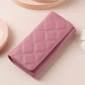 Pink quilted long wallet for women, elegant tri-fold PU leather clutch with large card capacity. - HS-33 Dark Pink