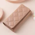 Classic quilted long trifold leather wallet for women, elegant large capacity handbag. - HS-33 Khaki