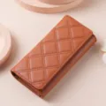 Brown quilted long wallet, classic trifold leather purse, large capacity clutch. - HS-33 Brown