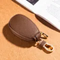 Mini brown leather car key case with metal zipper and hook keychain for daily use. - Coffee