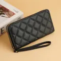 Black quilted long wallet for women, chic zipper clutch purse with wrist strap for daily use. - Long / 007 Black 01