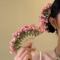 Elegant pink baby's breath fabric flower hair fork with gold finish metal pin - Baby's Breath Hairpin (1#) / Pink
