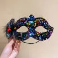 Exquisite black Halloween lace mask featuring vibrant sequins and a red rose accent - Rose Feather