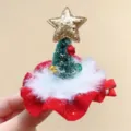 Lindo clip de pelo de árbol de Navidad de felpa con estrella dorada y plumas blancas - Pinza de Pelo de Mini Gorro (27#) / 1 Pieza / Estilo Estrella
