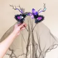 Detailed view of Halloween headband with black veil, LED antlers, and purple butterflies - Glowing Ghost Butterfly Veil (9)