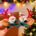 Pinzas navideñas festivas con Papá Noel, cuernos de reno rojos y lazos verdes brillantes. - 2 Piezas/Juego / Asta de Papá Noel Rojo