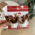 Pinzas de pelo de astas de reno de Navidad con lazos a rayas y cascabeles dorados - 2 Piezas/Juego / Asta Café Lazo a Rayas