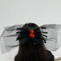 Gothic Halloween black mesh veil bow with fuzzy red spider hair accessory for cosplay costume - Red Spider Bow Clip (01) / Red & Black