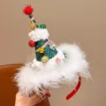 Diadema festiva de árbol de Navidad verde con elegante ribete de plumas blancas - Diadema de Lentejuelas con Pompones (29#) / 1 Pieza / Verde oscuro