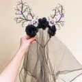 Gothic Halloween glowing headband with black roses, branch antlers, and long mesh veil - Glowing Branch Skull Veil (6)