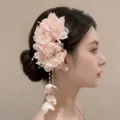 Elegante pinza para el pelo con flor rosa, borlas largas y delicadas perlas - Clip de pelo de flor con borla elegante (30#) / Rosa